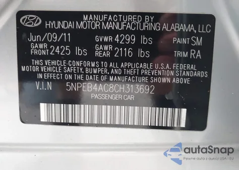 2012 Hyundai Sonata Gls из США, поврежденный, VIN 5NPEB4AC8CH313692